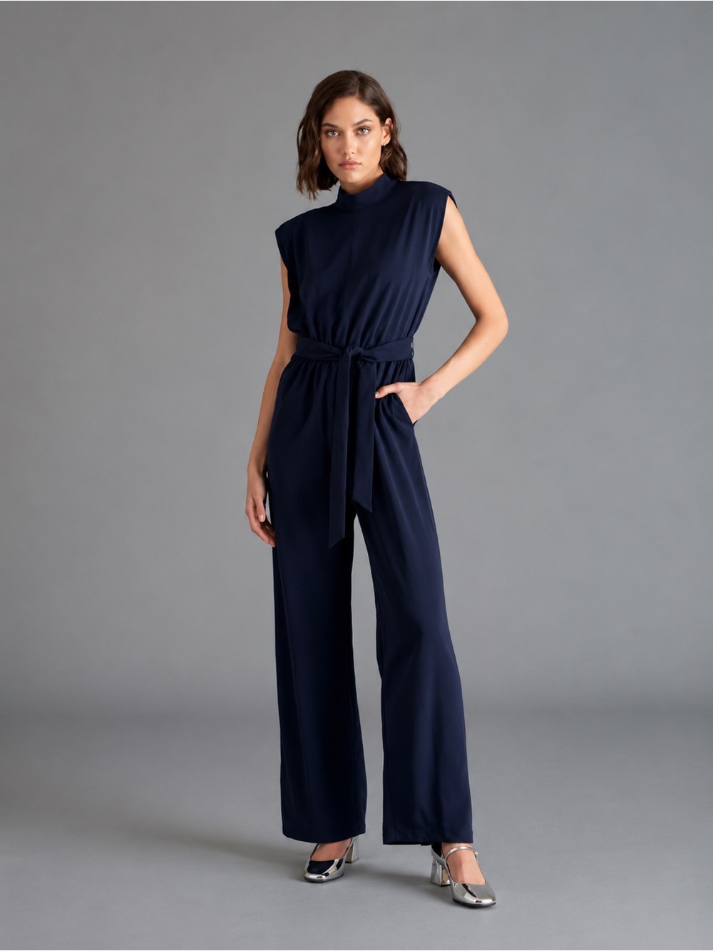 Steve Madden Silvette Navy Wide Leg Jumpsuit Sleeveless Shoulder Pad NWT M